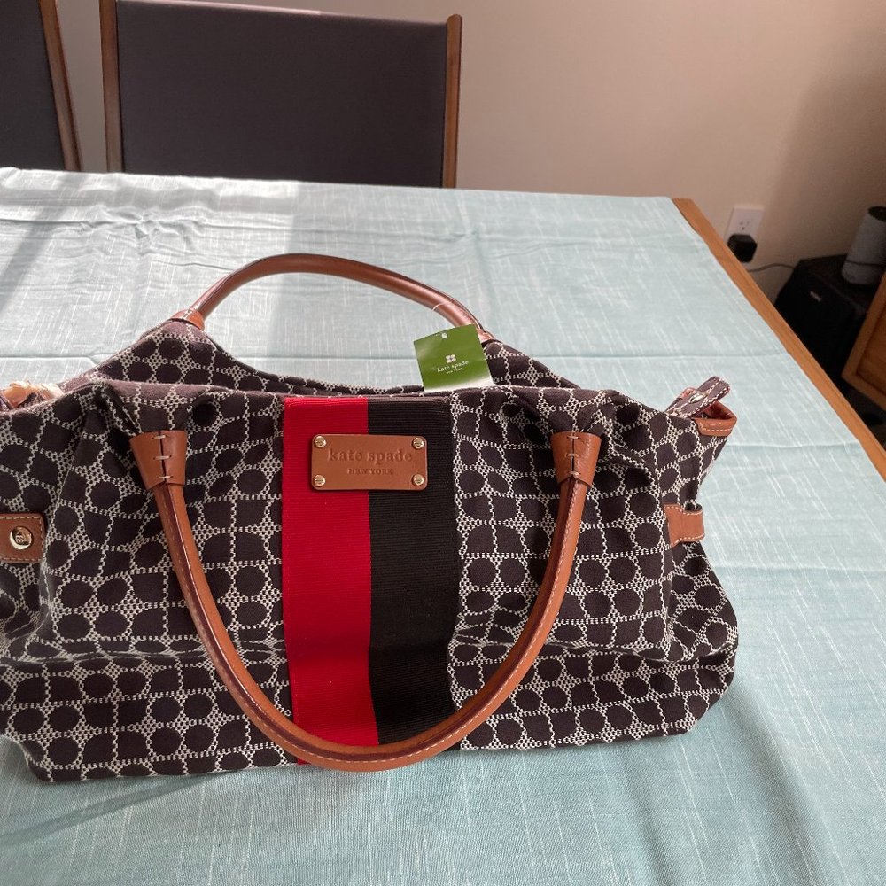 Kate Spade Handbag, 16 X 9, 8" handles, Brown, Cream and Tan with Red Accents